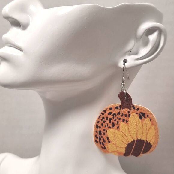 PUMPKIN SUNFLOWER LEOPARD PRINT cute fun fall whimsical earrings - Picture 2 of 6